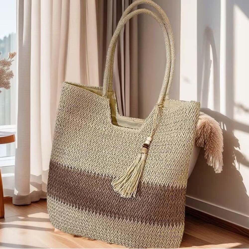 Boho Straw Tote Beach Bag~Woven With Tassel Charm & Zipper Pocket~Beige & Brown